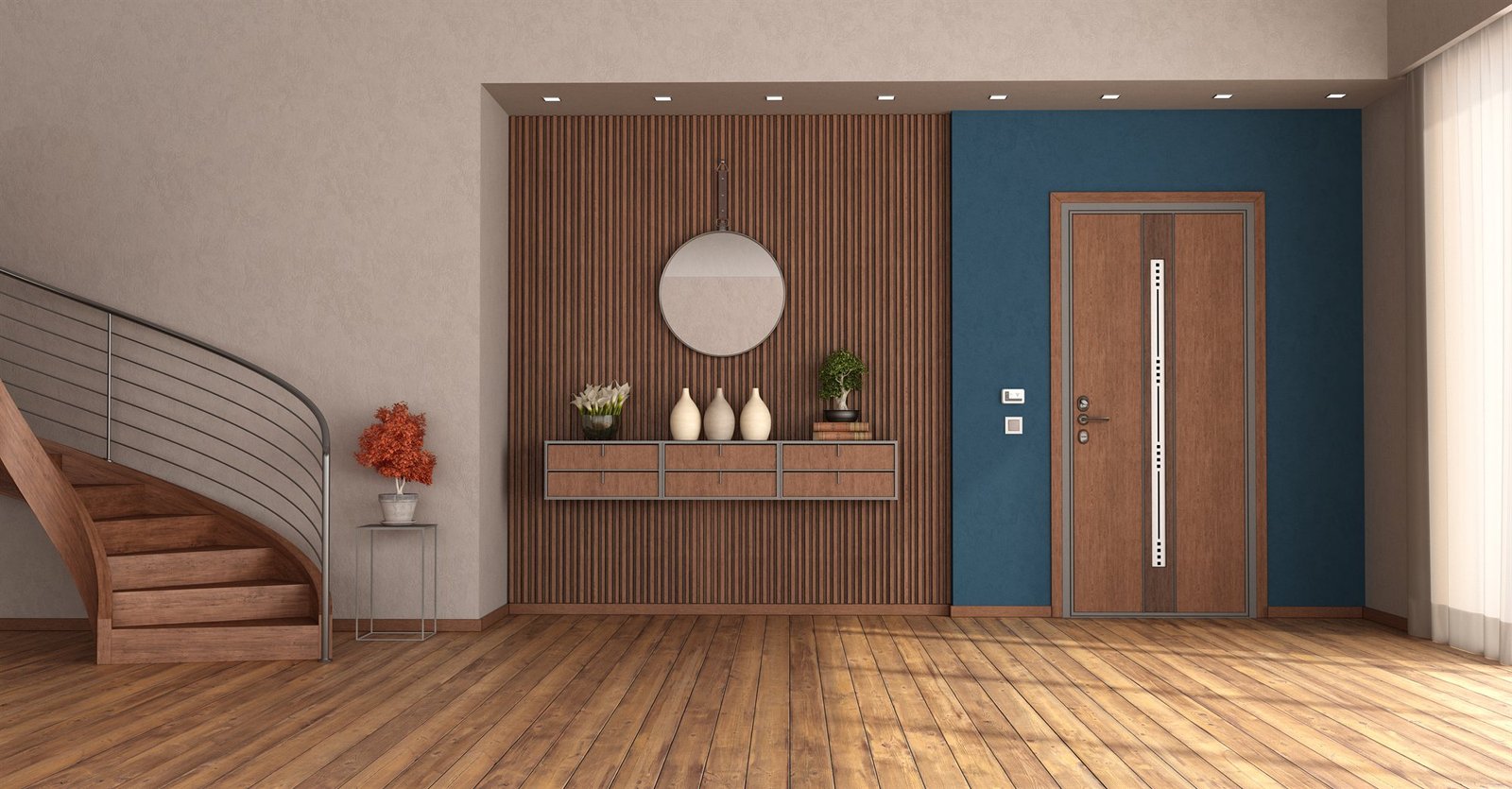 Bespoke luxury architectural interior with custom wooden millwork and stairs